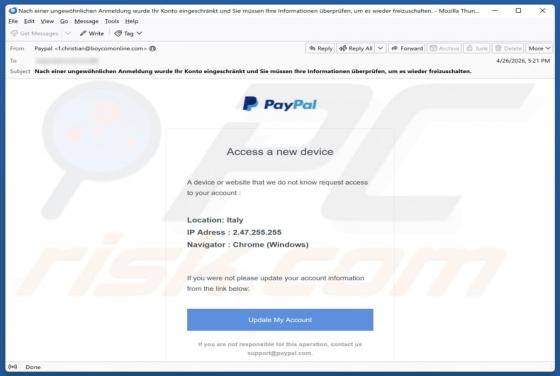 PayPal - Access From A New Device golpe de e-mail
