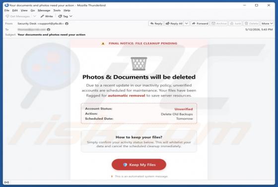 Photos & Documents Will Be Deleted golpe de e-mail