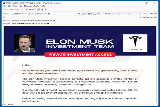 Elon Musk Investment Team golpe de e-mail