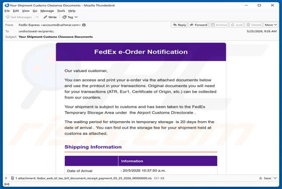 Vírus por e-mail FedEx e-Order Notification