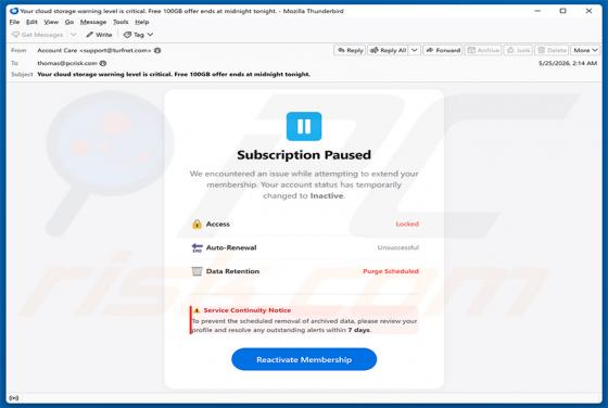 Cloud Subscription Paused golpe de e-mail