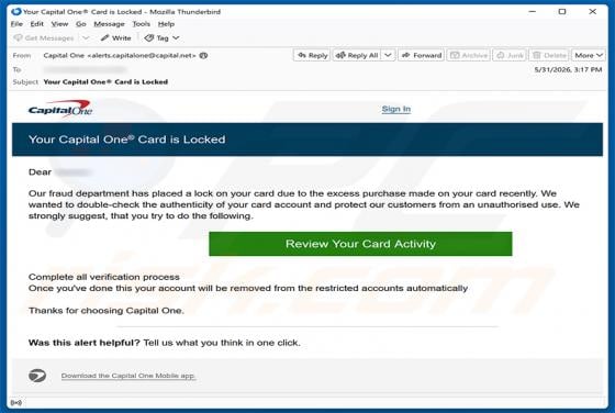 Capital One Card Is Locked golpe de e-mail