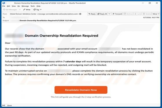 Domain Ownership Revalidation Required golpe de e-mail