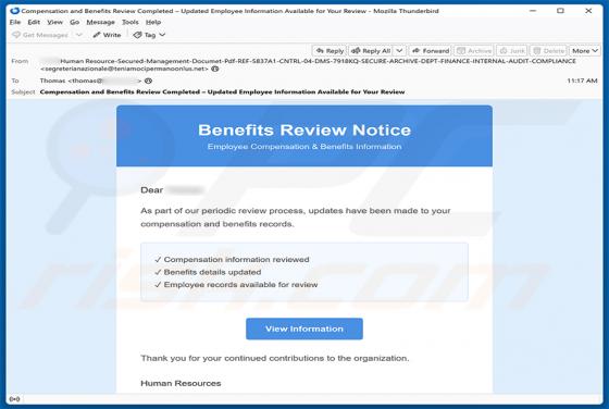 Benefits Review Notice golpe de e-mail