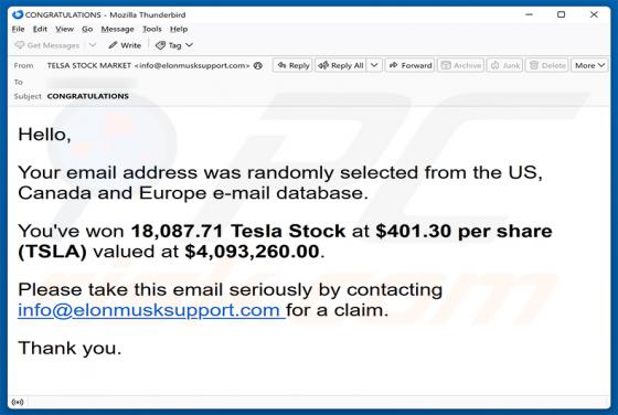 You've Won Tesla Stock golpe de e-mail