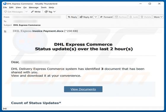 DHL Express Commerce Status Update golpe de e-mail