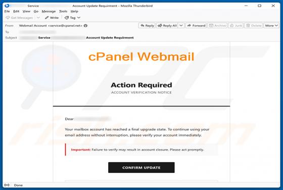 cPanel Final Account Upgrade State golpe de e-mail