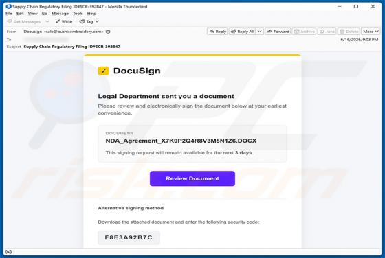 DocuSign - Legal Department Document vírus de e-mail