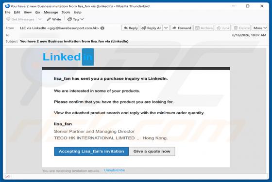 LinkedIn Purchase Inquiry golpe de e-mail