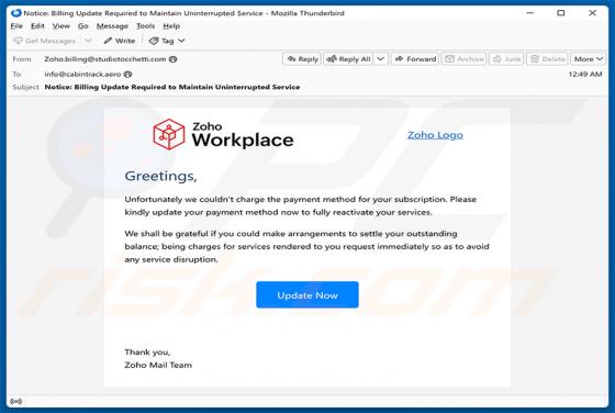Zoho Workplace Payment Method Update golpe de e-mail