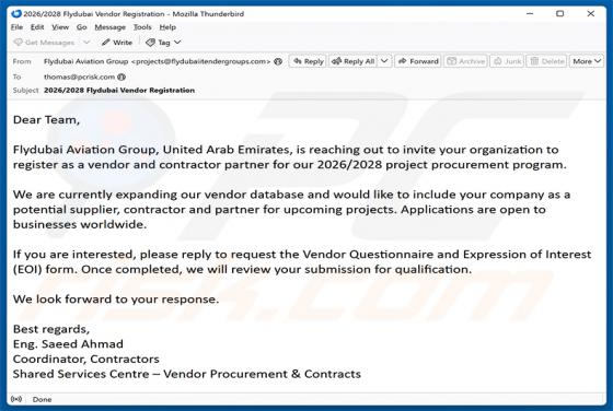 Flydubai Vendor Registration golpe de e-mail