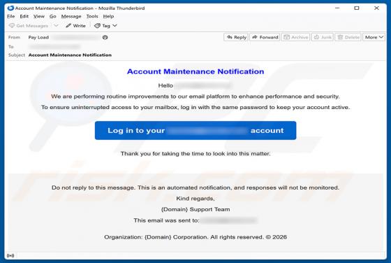 Account Maintenance Notification golpe de e-mail