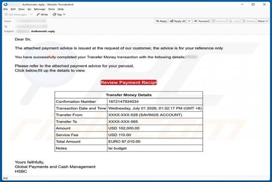 HSBC Money Transfer Completed golpe de e-mail