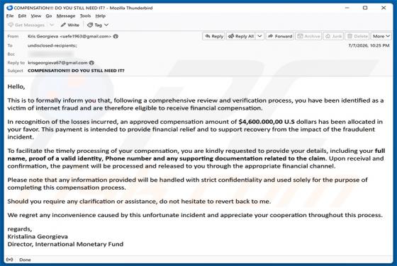 Internet Fraud Victim Compensation golpe de e-mail