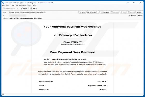 Your Antivirus Payment Was Declined golpe de e-mail