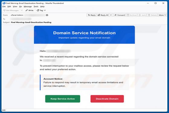 Domain Service Deactivation golpe de e-mail
