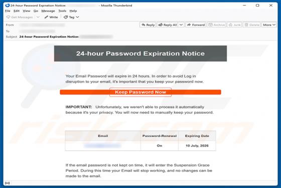24-Hour Password Expiration Notice golpe de e-mail