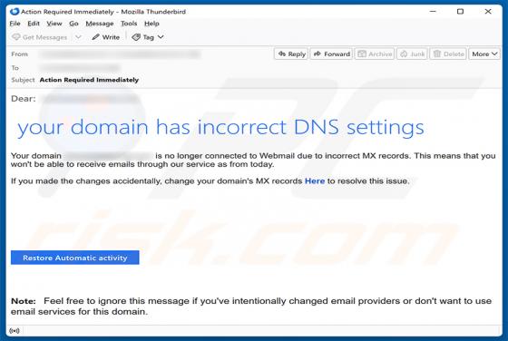 Your Domain Has Incorrect DNS Settings golpe de e-mail
