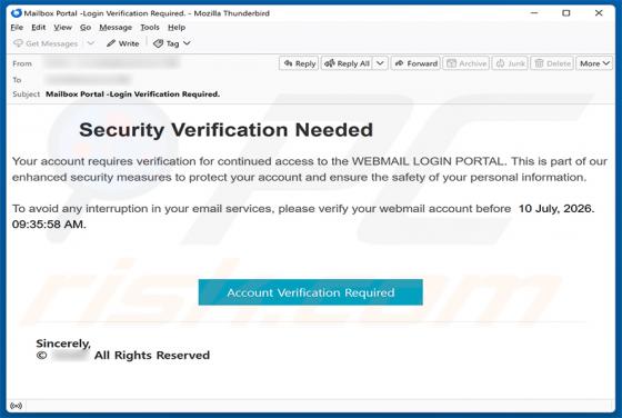 Security Verification Needed golpe de e-mail
