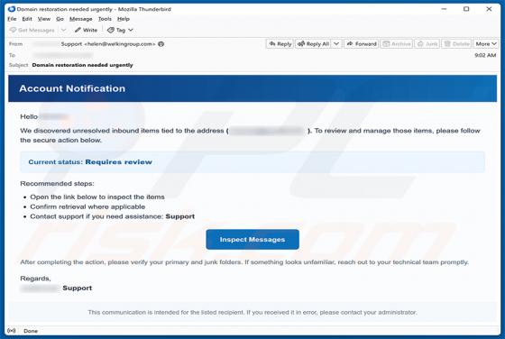 Unresolved Inbound Items golpe de e-mail