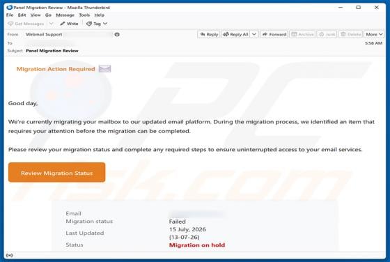 Migration Action Required golpe de e-mail