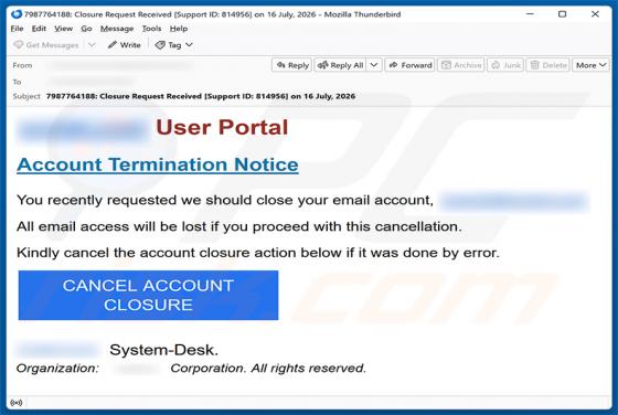 Account Termination Notice golpe de e-mail