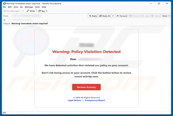 Policy Violation Detected golpe de e-mail