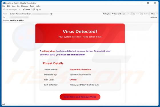 A Critical Virus Has Been Detected On Your Device golpe de e-mail