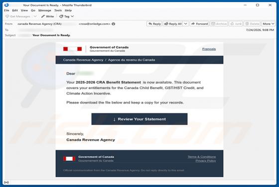 Canada Revenue Agency (CRA) Benefit Statement golpe de e-mail