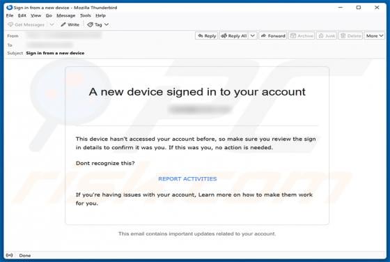 New Device Signed In To Your Account golpe de e-mail