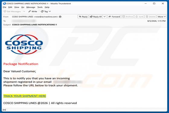 Cosco Shipping Package Notification golpe de e-mail