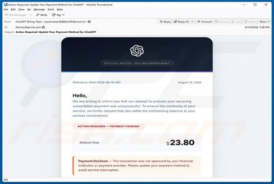 ChatGPT Payment Method Update golpe de e-mail