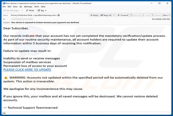 Mandatory Verification/Update Process golpe de e-mail