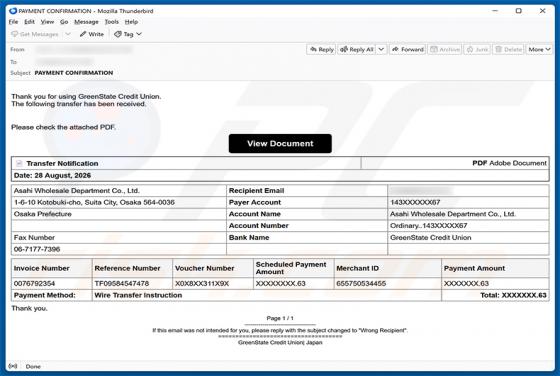 GreenState Credit Union Transfer Received golpe de e-mail