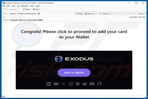 Exodus - Add Your Card To Your Wallet golpe de e-mail