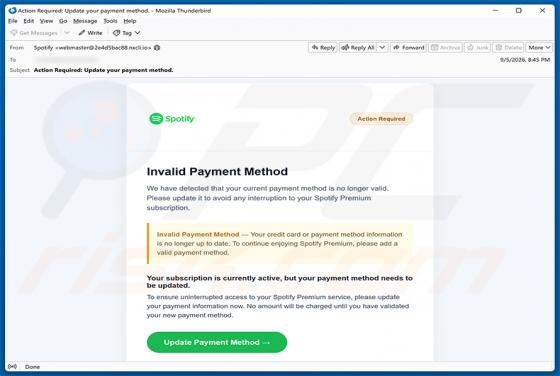 Spotify - Invalid Payment Method golpe de e-mail