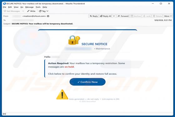 Secure Notice - Mailbox Has A temporary Restriction golpe de e-mail