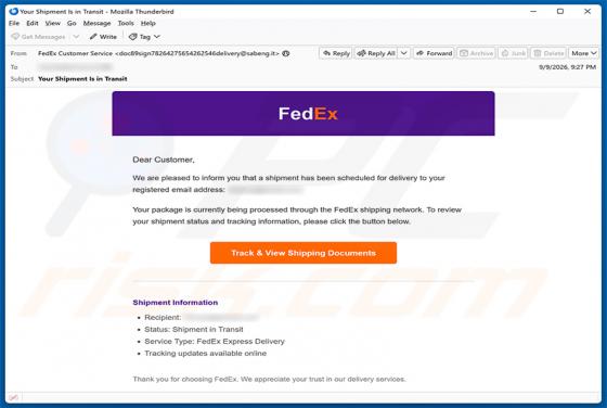 FedEx Shipment Scheduled For Delivery golpe de e-mail