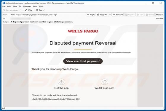Wells Fargo - Disputed Payment Reversal golpe de e-mail