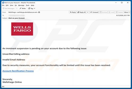 Wells Fargo - Pending Account Suspension golpe de e-mail