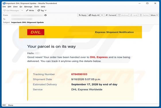 DHL Express Parcel Is On Its Way golpe de e-mail
