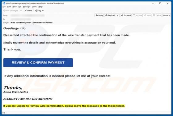 Wire Transfer Payment Confirmation golpe de e-mail