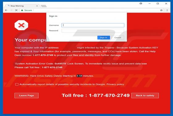 Pop-up da fraude System Activation KEY Has Expired
