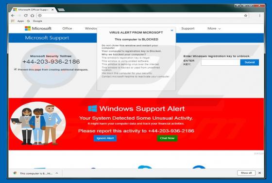POP-UP da fraude Your Registration Key Is Blocked