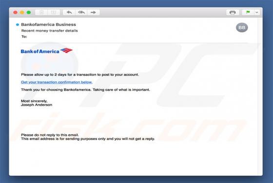 Vírus Bank Of America Email