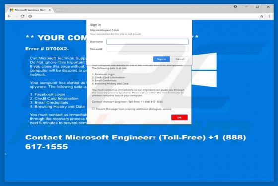 POP-UP da Fraude Error DT00X2