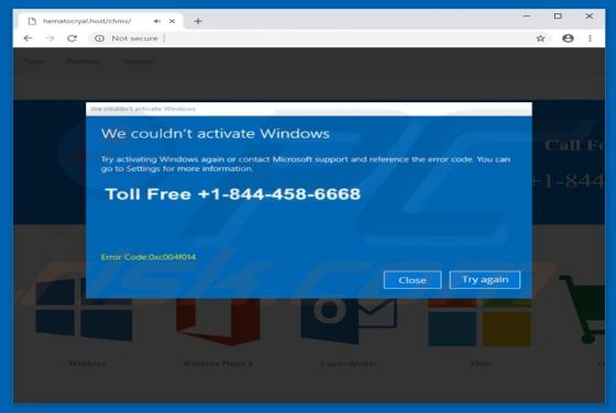POP-UP da Fraude We Couldn't Activate Windows