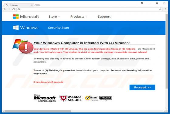 POP-UP da fraude Your Windows Computer is Infected With (4) Viruses!