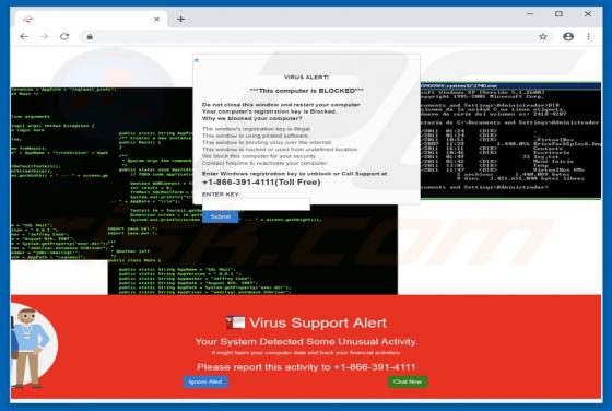 POP-UP da fraude do Virus Support Alert