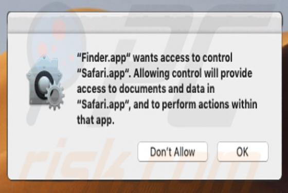 POP-UP do Vírus Finder.app Wants Access To Control Safari.app (Mac)